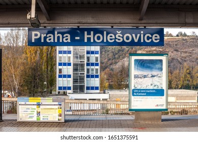 PRAGUE, CZECHIA - OCTOBER 31, 2019: Sign Indicating The Praha Holesovice Train Station In Prague, On Its Arrival And Departure Platform. It's One Of The Main Railway Hubs Of The City.

