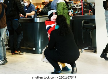 PRAGUE, CZECHIA - Snapshot Of Mother And Son Enjoying The Moment Of Their Life Inside Supermarket, Czech Republic,  Europe, EU April 24, 2022