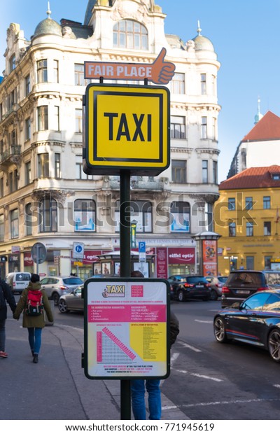 PRAGUE - DECEMBER 29, 2016: Official taxi stand in\
the city center