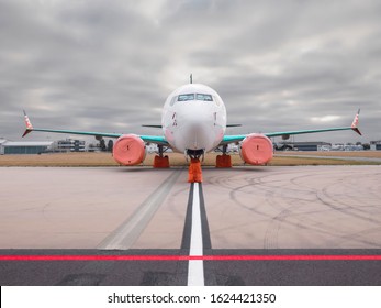 PRAGUE - DECEMBER 29,2019: Smartwings Boeing 737-8 MAX  at PRG Airport on DECEMBER 29,2019 in Prague, Czech Republic. Boeing 737 Max aircraft banned from skies of Europe after Ethiopia Airlines crash.