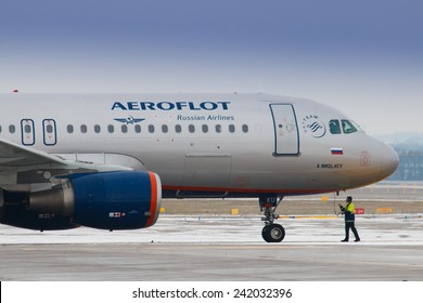 PRAGUE - DECEMBER 30: A320 Aeforlot wait for clearence fot taxi in PRG in Prague, Czech Republic on December 30, 2014. Aeroflot is a the largest airline in Russia.