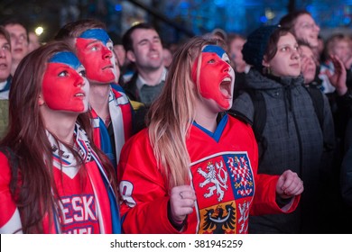 PRAGUE - FEBRUARY 18: Fans Watch Men's Hockey Game During The 2014 Winter Olympics At Olympic Park Sochi-Letna 2014 In Center Of Prague, Czech Republic, February 18, 2014.