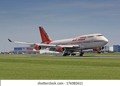 PRAGUE - JUNE 6: An Air India Boeing 747 Landing On June 6, 2010 In Prague. Air India Is The Flag Carrier Airline Of India With 101 Planes In Operation.