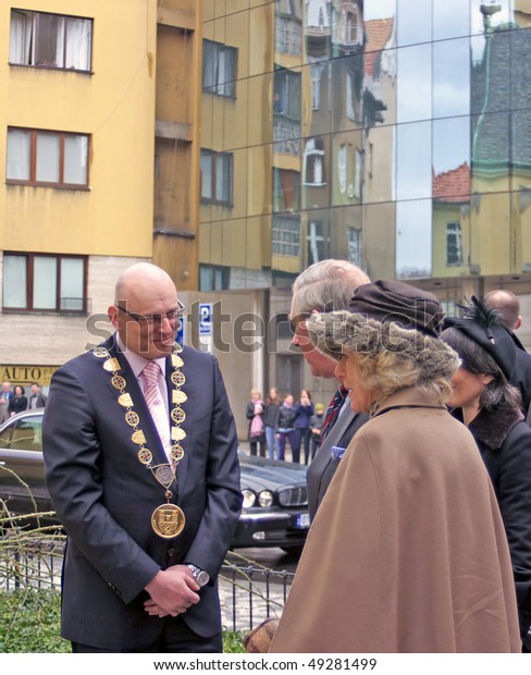 PRAGUE - MARCH 21: Prince Charles and Duchess\
Camilla arrive for worship at St. Clements Anglican-Episcopalian\
Church, Prague, Czech Republic and are greeted by the mayor of\
Prague on March 21, 2010 in\
Prague