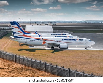 PRAGUE - MARCH 25: Three Smartwings Boeings 737-8 MAX  At PRG Airport On March 25, 2019 In Prague, Czech Republic. Boeing 737 Max Aircraft Banned From Skies Of Europe After Ethiopia Airlines Crash