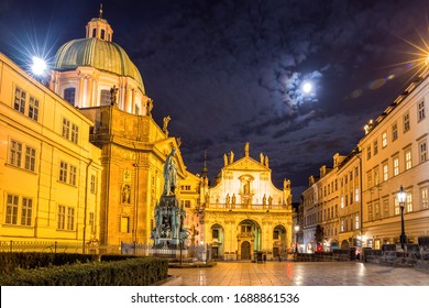 Prague at night. Illuminated Church of St. Salvator, monument to Charles IV, Basilica of St. Francis of Assisi