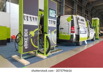 PRAGUE – NOVEMBER 11, 2021:  ESALON, Clean Mobility Trade Faire. Captured EBike Charging Station EBike Box By Ejoin.