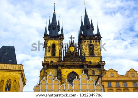 Prague Old Town Square and Church of Mother of God before Tyn in Prague, Czech Republic. Architecture and landmark of Prague, postcard of Prague