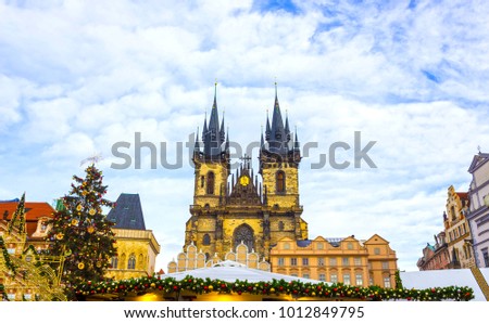 Prague Old Town Square and Church of Mother of God before Tyn in Prague, Czech Republic. Architecture and landmark of Prague, postcard of Prague