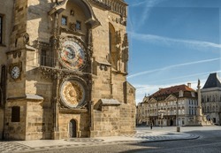 Prague Old Town Square With Famous Astronomical Clock Tower Without People, Czech Republic.