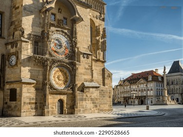 Prague Old Town square with famous Astronomical Clock Tower without people, Czech Republic.