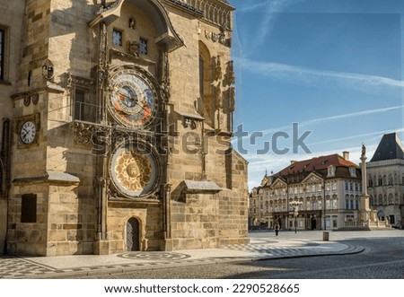 Prague Old Town square with famous Astronomical Clock Tower without people, Czech Republic.