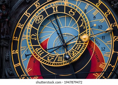 Prague Orloj (Prazsky Orloj) on Prague Tower Clock - famous medieval astrological and world oldest still operating  astronomical clock detail from 1410  on Old Town Square, Prague, Czech Republic