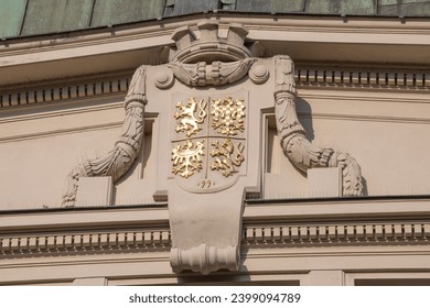 PRAGUE (PRAHA), CZECH REPUBLIC (CZECHIA) – MAY 15, 2023: Detail of ornate exterior of Prague City Hall (Magistrát hlavního města Prahy) with Czech Coat of arms, Capital of Prague (Hlavní město Praha)