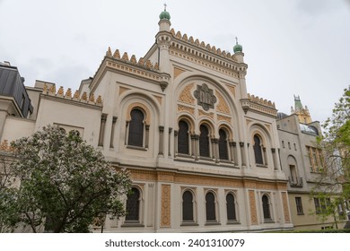 PRAGUE (PRAHA), CZECH REPUBLIC (CZECHIA) – MAY 16, 2023: Beautiful ornate exterior of the Spanish Synagogue (Španělská synagoga) in Moorish revival style, Capital of Prague (Hlavní město Praha)