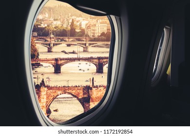Prague as seen through window of an aircraft.