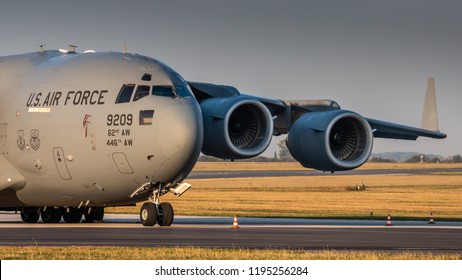 PRAGUE - SEPTEMBER 13: U.S. Air Force C-17 Globmaster Stand At PRG Airport On September 13, 2018 In Prague, Czech Republic. Boeing C-17 Globemaster III Is A Large Military Transport Aircraft.