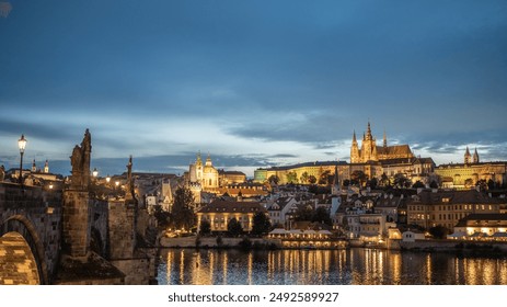 The Prague Skyline with Prague Castle and Charles Bridge at Night - Powered by Shutterstock