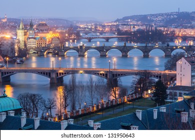 Prague at Twilight, view of Bridges on Vltava