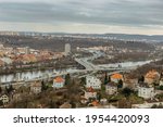 Prague,Czech republic Real estate residential concept.Czech architecture view from above.Panoramic city skyline.Barrandov Bridge over Vltava river with traffic,most frequented road.Transport in town