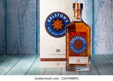 Prague,Czech Republic-26  September,2021:Gelstons Single Pot Still Whisky On The Blue Wooden Desk.A Smooth,spicy Triple Distilled Irish Single Malt From Gelstons Matured In First-fill Ex-bourbon Casks