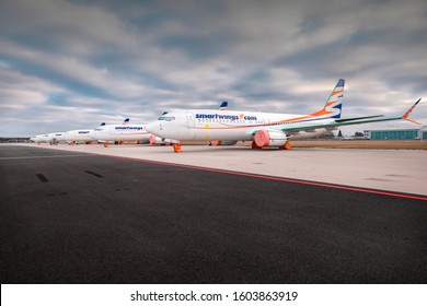PRAGUE-DECEMBER 29,2019: 5  Smartwings Boeings 737-8 MAX At PRG Airport On DECEMBER 29,2019 In Prague,Czech Republic.Boeing 737 Max Aircraft Banned From Skies Of Europe After Ethiopia Airlines Crash.