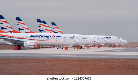 PRAGUE-DECEMBER 29,2019: 6  Smartwings Boeings 737-8 MAX At PRG Airport On DECEMBER 29,2019 In Prague,Czech Republic.Boeing 737 Max Aircraft Banned From Skies Of Europe After Ethiopia Airlines Crash.