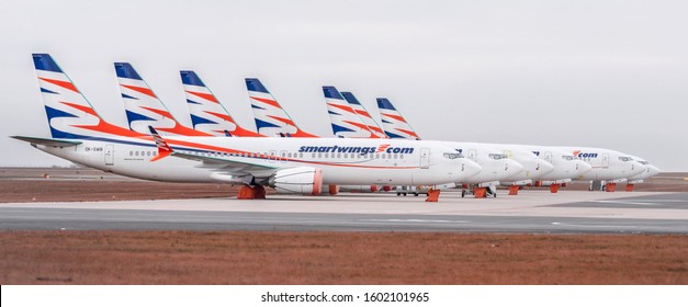 PRAGUE-DECEMBER 29,2019: 7  Smartwings Boeings 737-8 MAX At PRG Airport On DECEMBER 29,2019 In Prague,Czech Republic.Boeing 737 Max Aircraft Banned From Skies Of Europe After Ethiopia Airlines Crash.