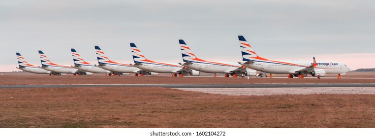 PRAGUE-DECEMBER 29,2019: 7  Smartwings Boeings 737-8 MAX At PRG Airport On DECEMBER 29,2019 In Prague,Czech Republic.Boeing 737 Max Aircraft Banned From Skies Of Europe After Ethiopia Airlines Crash.