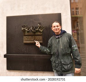 Praha, Czech Republic, 26th September 2020, A Man At Memorial Plaque For Soft Revolution And Fall Of Iron Curtain In The Czech Republic