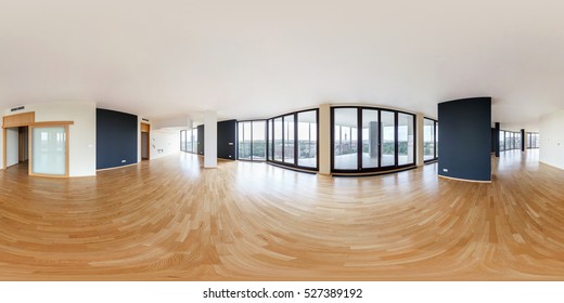 PRAHA, Czech Republic - JULY 21, 2014: Modern white empty loft apartment interior, living room, hall, panorama, full 360 degree panorama in equirectangular equidistant spherical projection, VR content