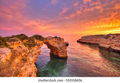 Praia de Albandeira - beautiful coast of Algarve at sunset, Portugal