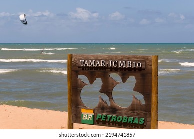 Praia Do Forte, Bahia, Brazil. March 17, 2012. Wooden Board With A Sea Turtle Cutout, Symbol Of The Tamar ICM Bio Project And Petrobras Logo, Sponsor Of The Project. In The Background, Forte Beach.