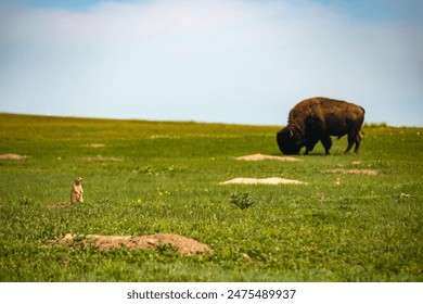 Prairie dog and a buffalo in the Black HIlls of South Dakota. Custer State Park, South Dakota Black Hills Wildlife Loop Road. - Powered by Shutterstock