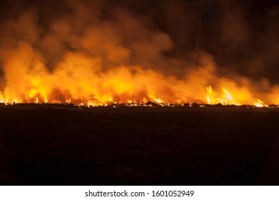 Prairie Fire Burning At Night