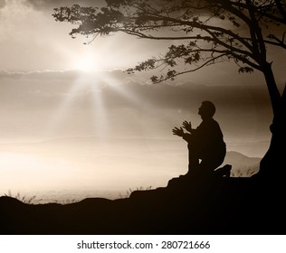 Praise Worship Concept Silhouette Lonely Man Stock Photo 280721666 ...