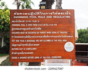 Prajuabkirikhan, Thailand, 8 8 2022: Swimming Pool Rules And Regulations Sign