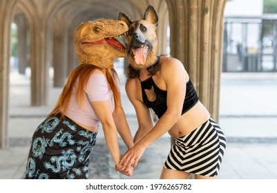 Prank Funny Couple With Dinosaur And Dog Animal Masks
