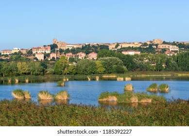 Prao De La Paul Lake With Laguardia Town As Background, Rioja Alavesa, Spain