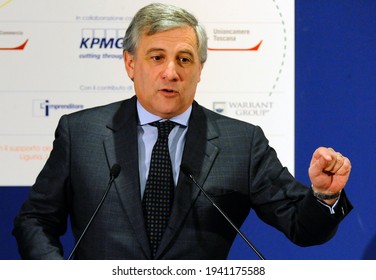 Prato, Italy - October 16 2010: Antonio Tajani Speaks During A Political And Financial Meeting