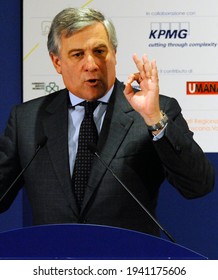 Prato, Italy - October 16 2010: Antonio Tajani Speaks During A Political And Financial Meeting