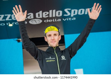 Prato Nevoso, Italy May 24, 2018: Simon Yates, Mitchelton Scott Team, On The Podium Celebrates To Be The Best Climber Of The Giro D'Italia 2018.
