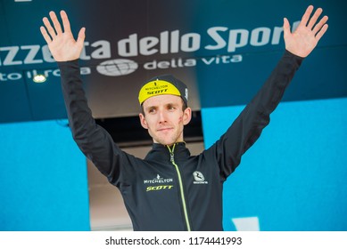 Prato Nevoso, Italy May 24, 2018: Simon Yates, Mitchelton Scott Team, On The Podium Celebrates To Be The Best Climber Of The Giro D'Italia 2018.
