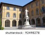 Prato (Tuscany, Italy), historic square with statue of Francesco Di Marco Datini, made by Antonio Garella at the end of 19th century.