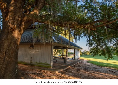 Prattville, Alabama/USA-August 30, 2019: A Picnic Pavillion In The Upper Portion Of Cooter's Pond Park. This  Towers Over The Alabama River And Gives An Incredible View Of Montgomery.