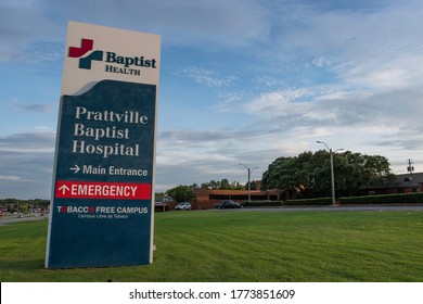 Prattville, Alabama/USA-July 4, 2020: Prattville Baptist Hospital Sign As Viewed At Dusk With The Hospital In The Background.