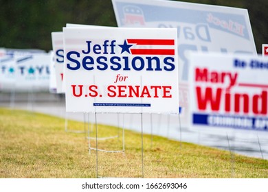 Prattville, Alabama/USA-March 3, 2020: A campaign sign for Jeff Sessions as he runs for his old Senate seat in the 2020 Alabama Primary Election on Super Tuesday.