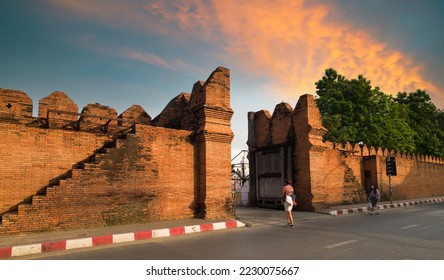 Pratu Tha Phae Gate at sunset in the evening. Chiang Mai, Thailand - Shutterstock ID 2230075667