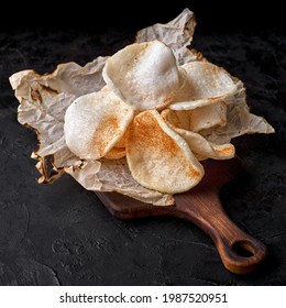 Prawn Crackers Prawn Chip,gluten Free Chip. Tasty Snack For Beer On A Dark Background.