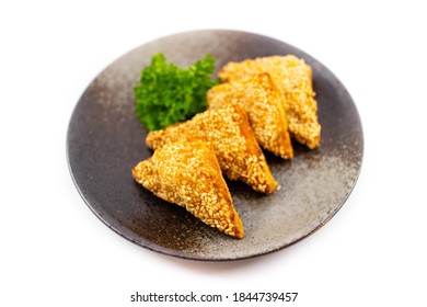 Prawn On Toast On Dish White Background 